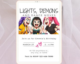 Kpop Demon Hunters Birthday Invitation, Editable Canva Template, Pop Idol Birthday, Anime Girl Group Invite