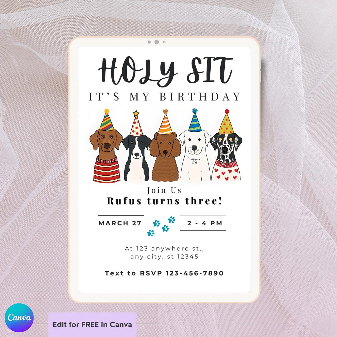 Dog Birthday Invitation | Editable Canva Template | Puppy Party Invite ...