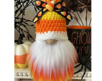 Halloween Candy Corn Gnome, Crochet hat gnome, Candy Corn decor, Halloween decor, Tiered tray decor,