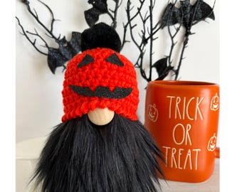Halloween Jack O’Lantern Gnome,  Halloween Crochet hat  Gnome, Spooky Gnome,  Halloween decor, Halloween Tiered tray decor, Fall gnome,