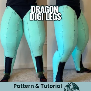 Könnte beinhalten: Ein Paar hellblaue Dragon Digi-Beine aus Schaumstoff mit schwarzen Akzenten. Der Text "DRAGON DIGI LEGS" ist in Weiß dargestellt. Der untere Teil des Bildes zeigt den Text "Pattern & Tutorial".