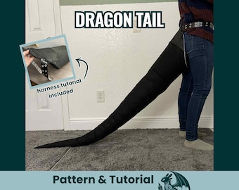 May include: A black dragon tail with a harness, shown with the text "DRAGON TAIL" and "Pattern & Tutorial". The tail is long and tapered, with a ridged texture. A smaller image shows the harness with the text "harness tutorial included".