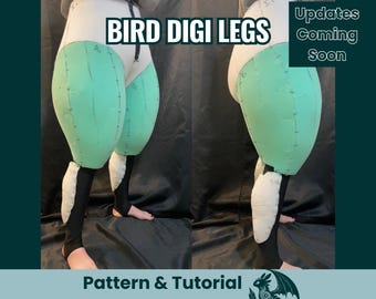 Könnte beinhalten: Zwei Ansichten von Vogel-Digi-Beinen in Arbeit. Die Beine sind weiß und schwarz mit großen, hellgrünen gepolsterten Abschnitten. Der Text "BIRD DIGI LEGS" steht oben, mit "Updates Coming Soon" in einem Feld rechts. Unten steht "Pattern & Tutorial".