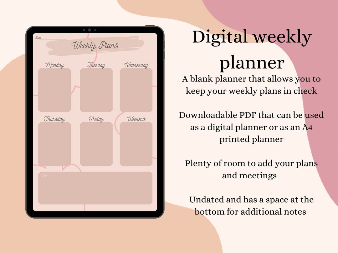 A4 Digital Weekly Planner Printable Weekly Planner Undated and With Notes Etsy