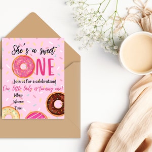 She’s a sweet one Invitation; Donut First Birthday; Girl Birthday Party Invitation