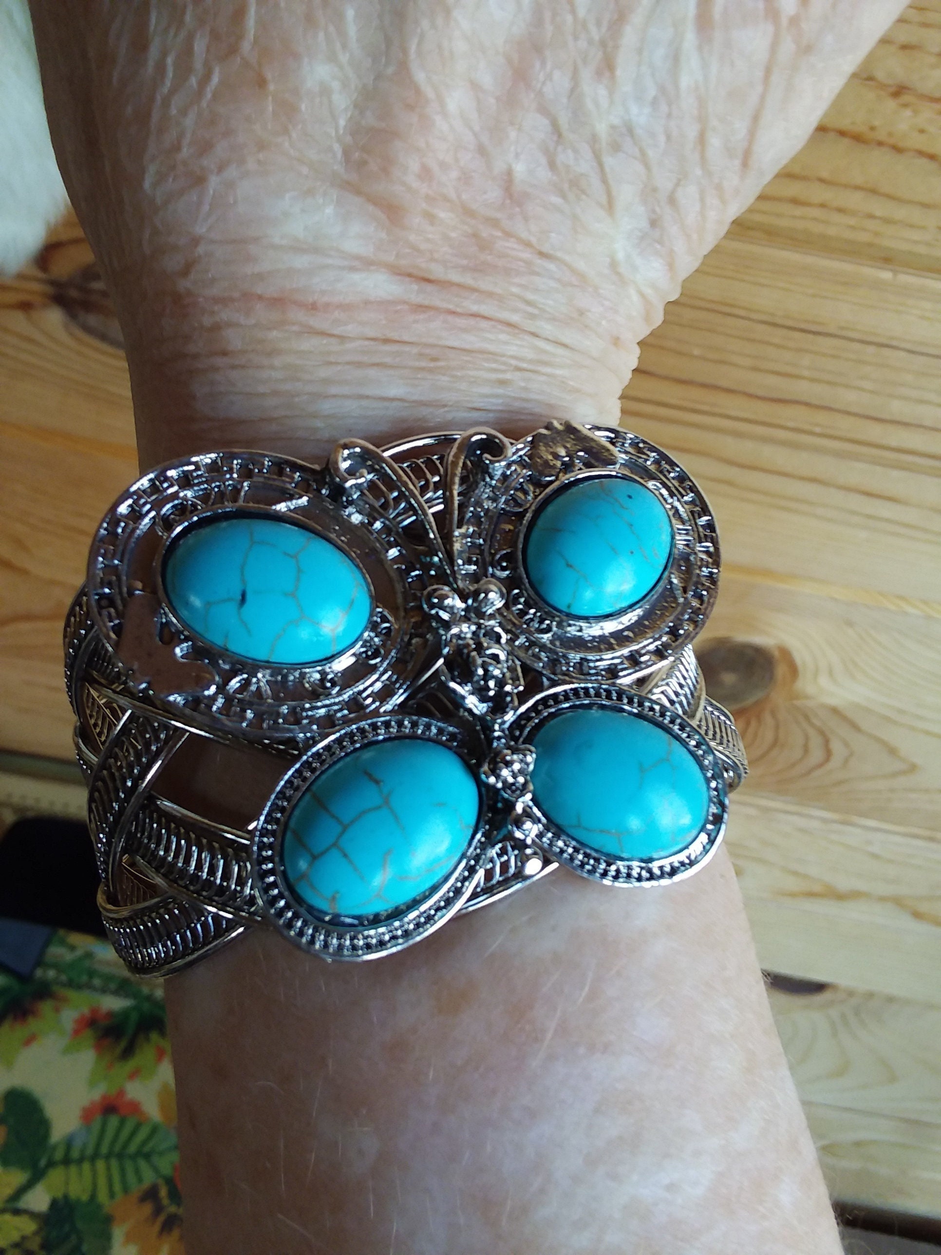 Turquoise Butterfly Vintage Silver Braided Cuff Bangle Etsy