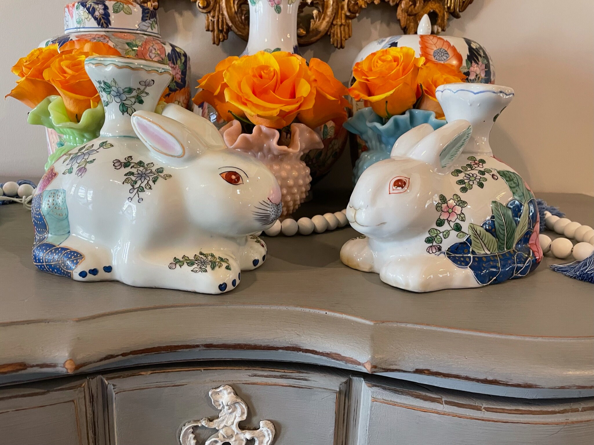 Rare Vintage Tobacco Leaf Rabbit Candlestick Holder//bunny//chinoiserie