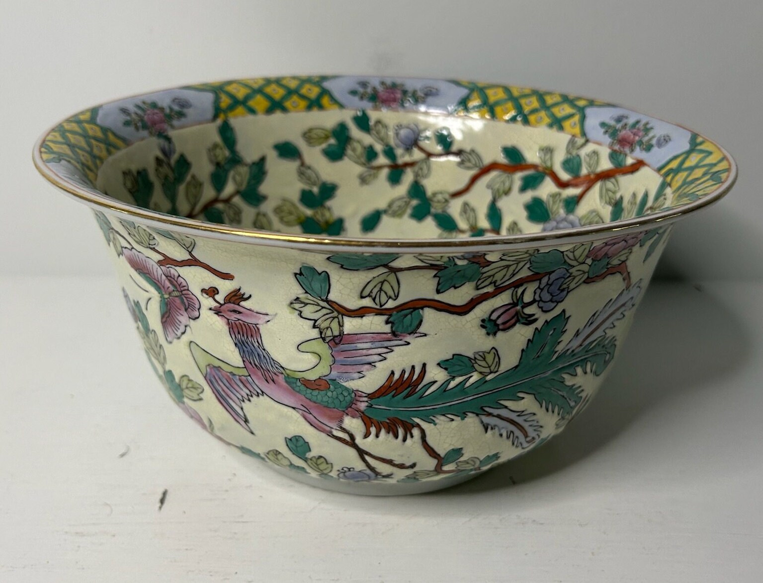 Vintage 10 Inch Yellow Chinoiserie Bowl with Birds Butterflies and Flowers
