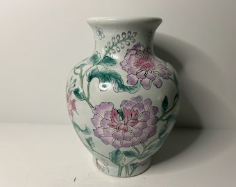 Vintage 12 Inch White Chinoiserie Vase with Flowers