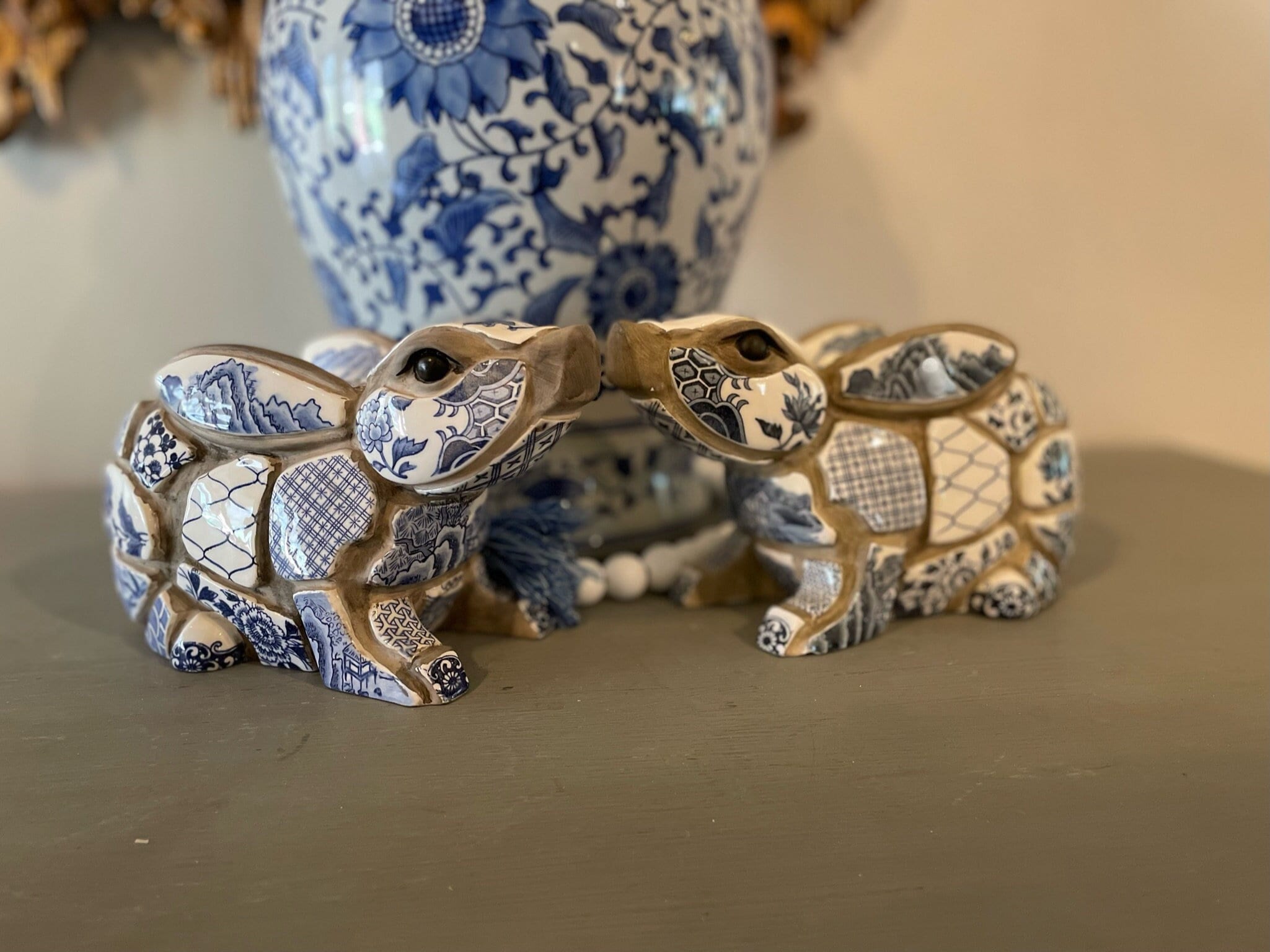 Pair of Vintage Blue and White Chinoiserie Rabbits Nancy Lopez