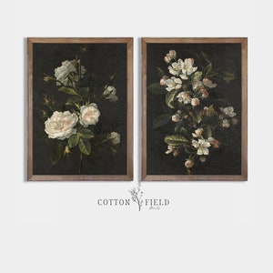 Stimmungsvolles botanisches Set 2 Drucke | Vintage weiße Blumen bedruckbar | Dunkel rustikaler Blumen digitaler Download | Florale Kunstdrucke