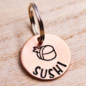Small Sushi Pet ID Tag, Pet Tags For Small Dogs and Cats, Sushi Cat Name Tag Charm, Miniature Dog ID Tag, Pet Collar Charms, Seafood Pet Tag