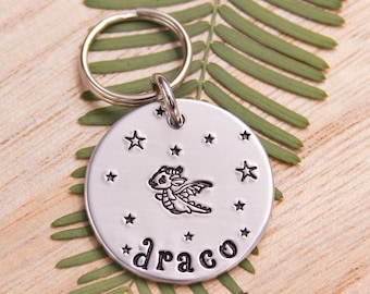 Cute Dragon Pet ID Tag, Stars and Dragons Dog Name Tag, Dragon Lovers, Fantasy Cat Name Tags, Dragon Art Dog Collar Tag, Pet Collar Charms