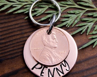 Penny Pet ID Tag, Copper Penny Dog Name Tag, Dog Collar ID Charm, Cat Name Tags, Identification Tag For Pets, New Dog Gift, Penny Name Charm