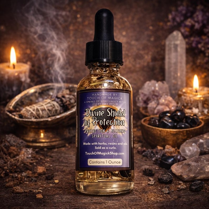 May include: A clear glass bottle of "Divine Shield of Protection" spiritual oil with a black dropper. The label is dark blue and gold. The bottle contains 1 fluid ounce. The background includes candles, crystals, and a bowl of herbs.