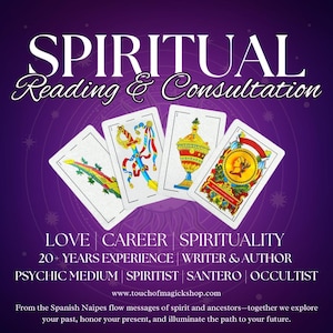 May include: Purple background with the words "SPIRITUAL Reading & Consultation." Four tarot cards are displayed. Text includes "LOVE, CAREER, SPIRITUALITY, 20+ YEARS EXPERIENCE, WRITER & AUTHOR, PSYCHIC MEDIUM, SPIRITIST, SANTERO, OCCULTIST." Website address is included.