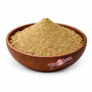 May include: A wooden bowl filled with light brown powder. The bowl is dark brown and has a smooth finish. The text "Touch of Magick" is visible on the side of the bowl.