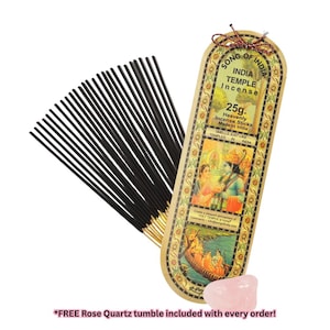 India Temple Incense | Fantastic Aroma | 25 Grams | Approximately 20 Sticks | Spiritual & Meditation Tool | Bundle with Rose Quartz