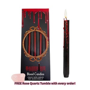 Velas cónicas de sangre de vampiro con cuarzo rosa / 30 cm negras / Sangran rojo al encenderse / Hechizos reversibles / Hechizos de retorno al remitente