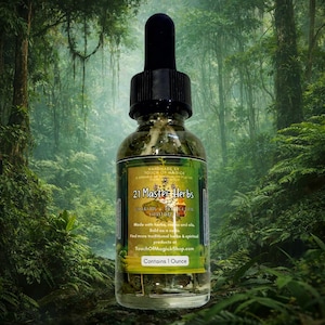May include: A clear glass bottle with a black dropper filled with herbs. The label reads "21 Master Herbs" and "Contains 1 Ounce". The background is a lush green forest.