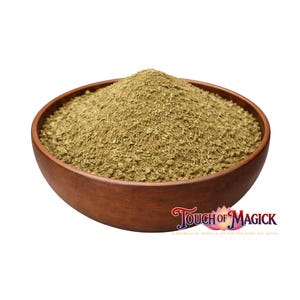 May include: A wooden bowl filled with a light green powder. The bowl is a warm brown color and has a smooth finish. The text "Touch of Magick" is in the bottom right corner, with the tagline "A sprinkle of spirituality for the every day witch."