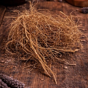 May include: A close-up shot of a pile of dried, light brown roots. The roots are tangled and textured, with some thicker strands and many thin, hair-like fibers. The background is a dark, rustic wooden surface with small pieces of debris.