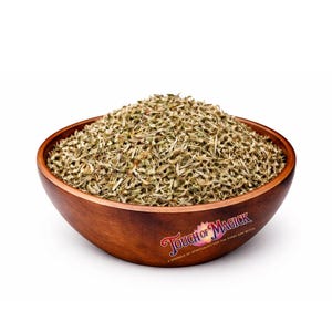 May include: A wooden bowl filled with dried herbs. The herbs are a mix of green and brown, and the bowl has a dark wood finish. The text "Touch of Magick" is printed on the side of the bowl.