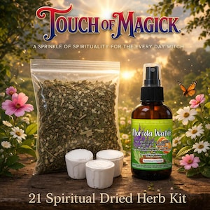 May include: A 21 Spiritual Dried Herb Kit with a bottle of Florida Water, a bag of herbs, and three white candle holders. The Florida Water bottle is brown with a black spray top. The image includes the text "Touch of Magick".