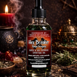 May include: A glass bottle of Hex Breaker spiritual oil with a black dropper top. The label reads "CURSE & HEX REMOVAL SPIRITUAL OIL" and "Contains 1 Ounce". The bottle is filled with a green liquid and sits in front of a blurred background.