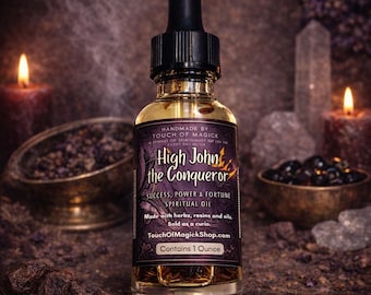 May include: A glass bottle of High John the Conqueror spiritual oil with a black dropper. The label is purple and gold, with text that reads "Success, Power & Fortune." The bottle contains 1 fluid ounce.