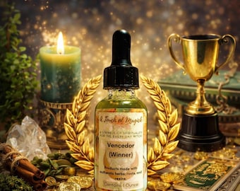 May include: A bottle of "Vencedor" oil with a black dropper, surrounded by gold coins, a candle, and a trophy. The label reads "A Touch of Magick" and "Contains 1 ounce". The oil is for the everyday witch.