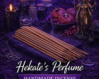 May include: A display of brown incense sticks on a dark stone surface. The image includes a lit candle, a goddess statue, pomegranates, and the text "Hekate's Perfume, Handmade Incense, Wisdom, Magic, Protection."