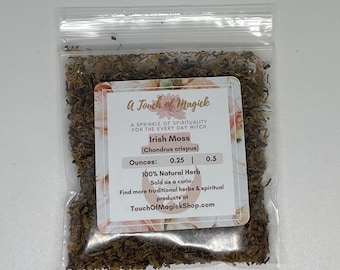 May include: A clear plastic resealable bag containing dried brown Irish Moss (Chondrus crispus) herb. The label reads A Touch of Magick, A Sprinkle of Spirituality for the Every Day Witch, Irish Moss (Chondrus crispus), Ounces: 0.25 | 0.5, 100% Natural Herb, Sold as a curio, and TouchOfMagickShop.com.