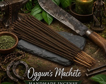 May include: A still life arrangement with handmade incense sticks, a machete, and a burning green candle. The text reads "Oggun's Machete" and "Handmade Incense". Other elements include a small statue, a horseshoe, and a bowl of herbs.