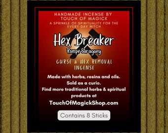 May include: A product label for "Hex Breaker" incense, with text in red and white on a black background. The label includes the text "CURSE & HEX REMOVAL INCENSE" and "Contains 8 Sticks". The background is a textured, golden-brown color.