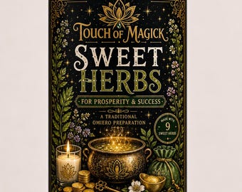 Może przedstawiać: Przezroczysta plastikowa butelka wypełniona złotym płynem z widocznymi ziołami. Czarna etykieta zawiera złoty napis o treści Touch of Magick Sweet Herbs, For Prosperity & Success, A Traditional Omiero Preparation oraz Made With 9 Sweet Herbs.