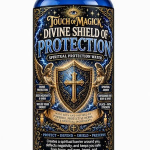 Könnte beinhalten: Eine durchsichtige Kunststoffflasche mit blauer Flüssigkeit und einem schwarzen Etikett mit goldener und blauer Schrift. Das Etikett zeigt den Text Touch of Magick Divine Shield of Protection, Engel, ein zentrales Kreuzschild und weitere Details.