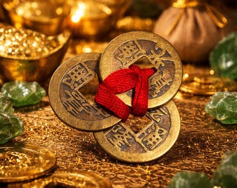 May include: Three antique bronze Chinese coins tied with a red ribbon, surrounded by gold coins, a small sack, and green gemstones. The coins have square holes and intricate characters. The background is a golden, textured surface.