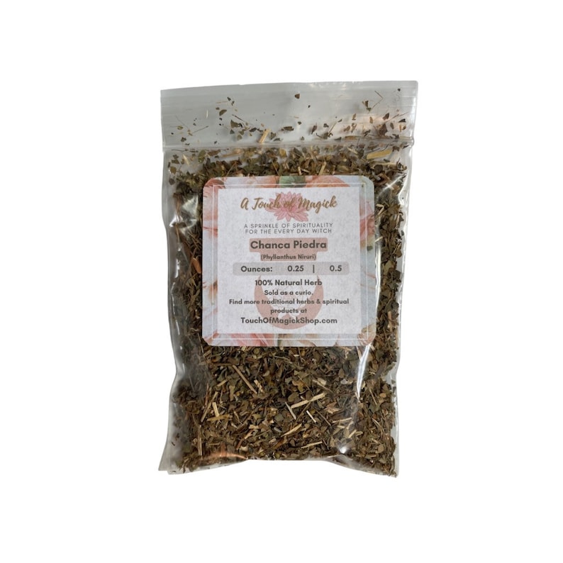 May include: A clear plastic resealable bag filled with dried Chanca Piedra herbs. The label reads A Touch of Magick, A Sprinkle of Spirituality for the Every Day Witch, Chanca Piedra, Phyllanthus Niruri, Ounces: 0.25 | 0.5, 100% Natural Herb.