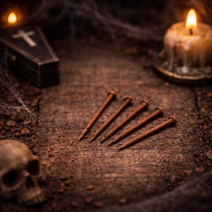 May include: A rustic, Halloween-themed still life featuring five rusty nails, a coffin-shaped box with a cross, a skull, and a lit candle. The items are arranged on a weathered wooden surface, with cobwebs adding to the spooky atmosphere.