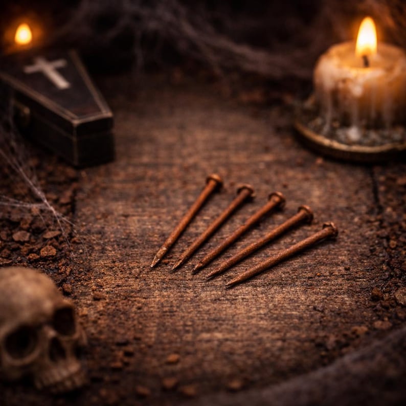 May include: A Halloween still life featuring five rusty nails, a coffin-shaped box with a cross, a skull, and a lit candle. The items are arranged on a weathered wooden surface, with cobwebs adding to the spooky atmosphere.