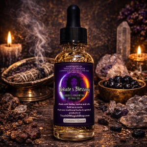 May include: A glass bottle of Hekate's Blessing ritual oil with a black dropper. The label is purple with a goddess illustration and text. The bottle contains 1 ounce of oil. The background includes candles, crystals, and a bowl of herbs.
