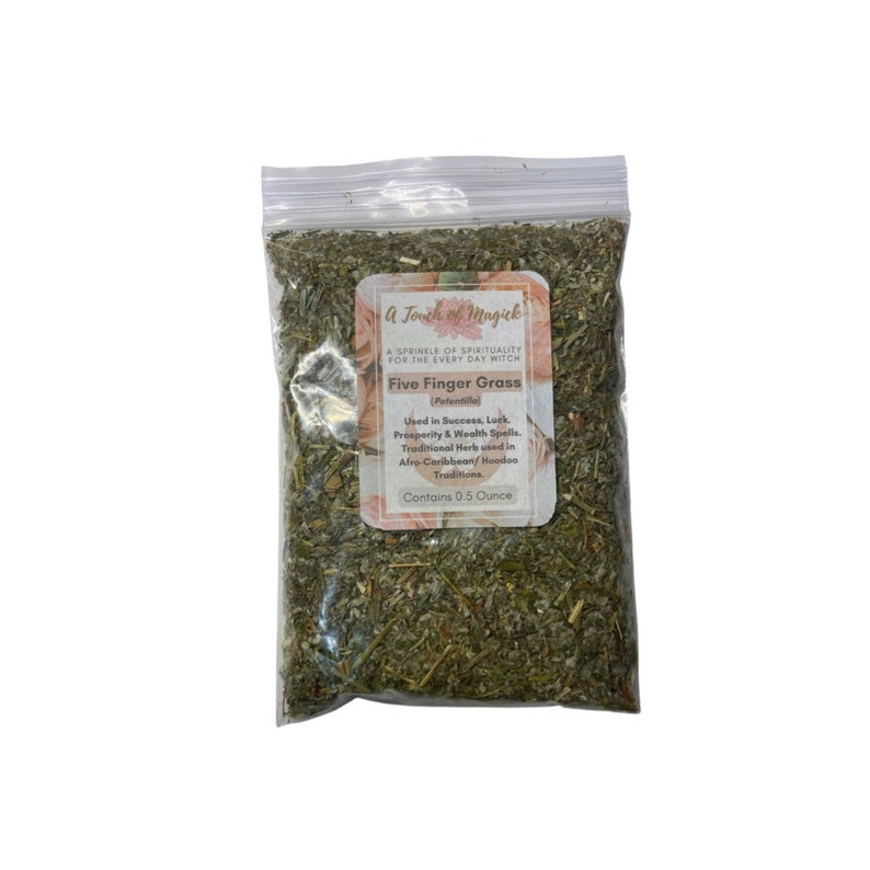 May include: A clear plastic bag filled with dried Five Finger Grass. The bag has a label with the text "A Touch of Magick" and details about the herb's uses in success, luck, and prosperity spells. The bag contains 0.5 ounce of the herb.