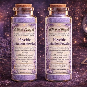 May include: Two glass bottles with cork stoppers filled with purple powder, labelled "Psychic Intuition Powder." The labels include text about enhancing intuition and the phrase "A Touch of Magick." The background features a lit candle and a crystal ball.
