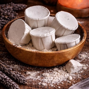 May include: A wooden bowl contains several white, round objects in paper cups, possibly bath products, on a wooden surface scattered with white powder. Dried lavender and a crystal are also visible, suggesting a spa theme.
