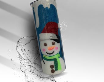 Vaso con diseño de muñeco de nieve / Taza navideña con purpurina, acero inoxidable con resina epoxi.