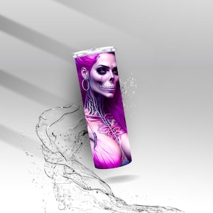 May include: A pink and white stainless steel tumbler with a graphic of a woman with a skull face and pink hair. The tumbler is surrounded by water droplets.