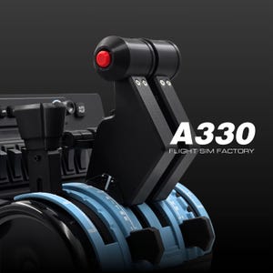 May include: Black and light blue flight simulator throttle quadrant with the text "A330 FLIGHT SIM FACTORY". The throttle has a red button and multiple levers.
