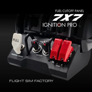 Può includere: Pannello di controllo del simulatore di volo nero con leve rosse e nere, maniglia bianca e testo che recita "FUEL CUTOFF PANEL", "7X7 IGNITION PRO", "PARKING BRAKE", "CUTOFF" e "STAB". Il pannello è etichettato "FLIGHT SIM FACTORY".