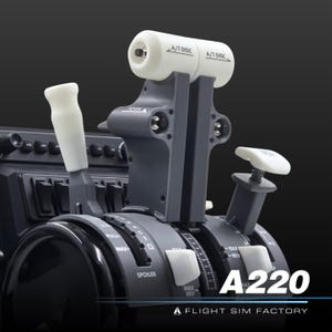 May include: A flight simulator throttle quadrant for the A220 aircraft, featuring dual grey throttle levers with white A/T DISC buttons, a white spoiler lever, and a white flap lever. The unit includes black control panels with white text labels.